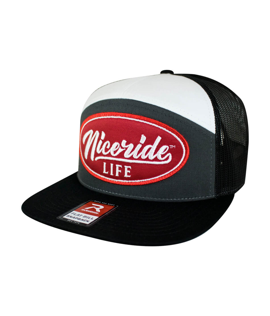 HorserPower Patch 7 Panel Trucker Snapback Hat For Men And Women with NICERIDE emblem and mesh back.