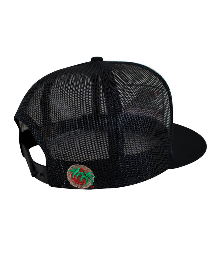 California flag trucker hat with NICERIDE embroidery and palm logo in California colors on the back.