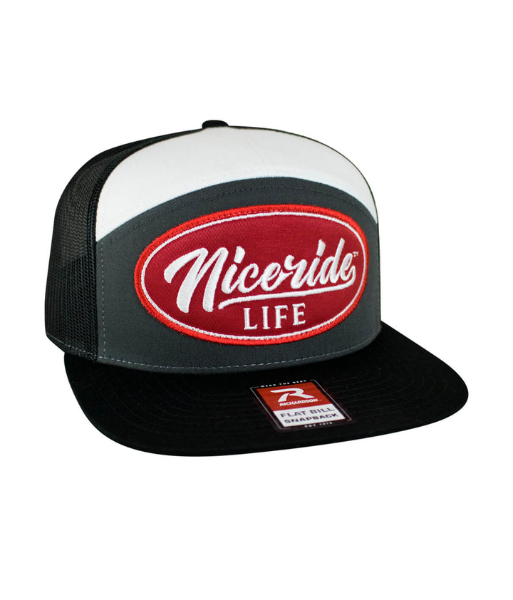 HorserPower Patch 7 Panel Trucker Snapback Hat For Men And Women in black and gray with NiceRide logo design.