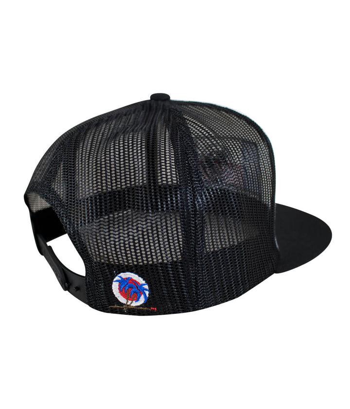 Back view of a Texas flag trucker hat with NICERIDE logo, showcasing breathable mesh and classic palm design.