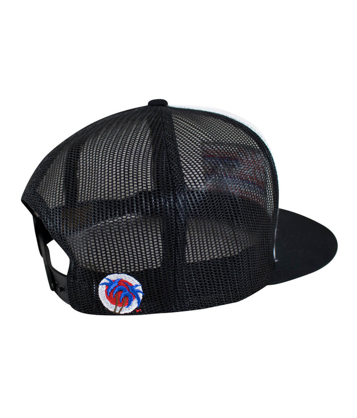 Back view of a Hawaii flag trucker hat featuring NICERIDE embroidery and a classic palm logo on the side.