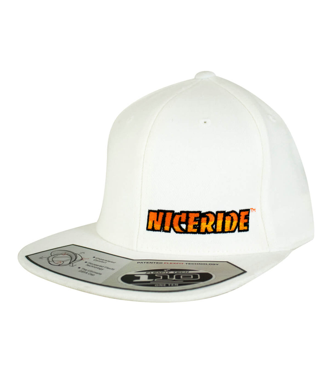 Classic NICERIDE 110F Snapback hat with embroidered logo on the front, white cap for stylish outdoor wear.
