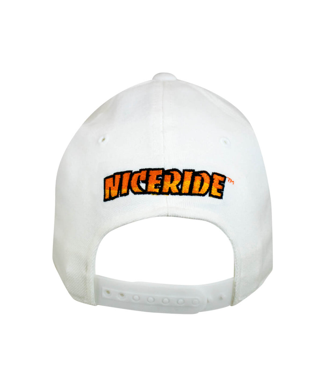 NICERIDE logo embroidered on the back of a white 110F Snapback hat.