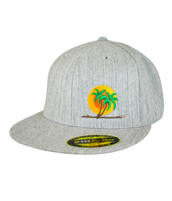 Classic Palm 210F fitted hat featuring embroidered design with palm trees and sun, ideal hat for casual wear.