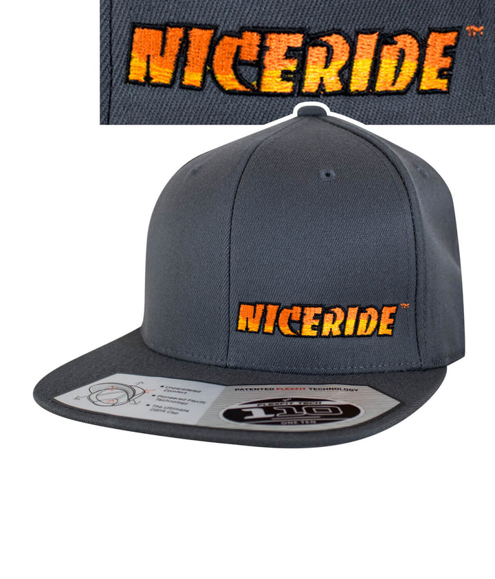 Classic NICERIDE 110F Snapback hat with embroidered logo on the front and back, designed and made in the USA.