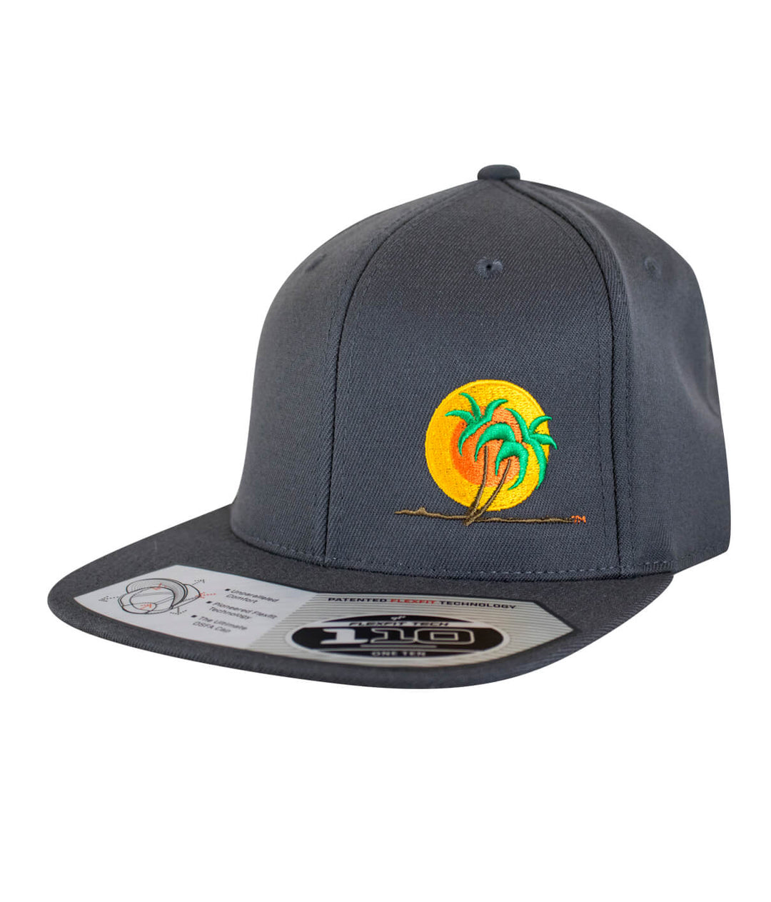 Classic Palm 110F Snapback hat featuring embroidered palm logo on gray fabric.