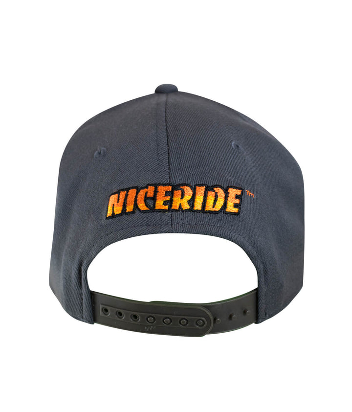 Back view of a 110F Snapback hat featuring NICERIDE logo embroidered on the rear, ideal for hat enthusiasts.