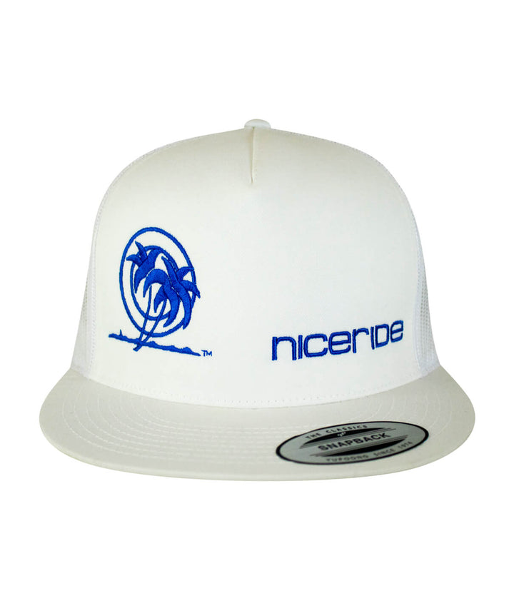 Palm Tower Trucker Hat featuring NICERIDE palm logo and embroidered text, a stylish hat for outdoor enthusiasts.