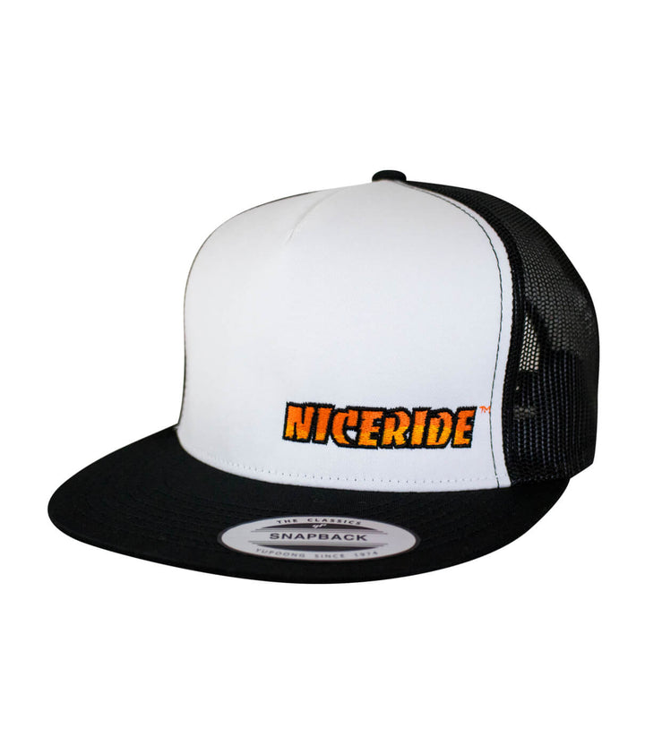 The Cledus - NICERIDE hat, a classic snapback trucker hat with an embroidered logo, black and white design.
