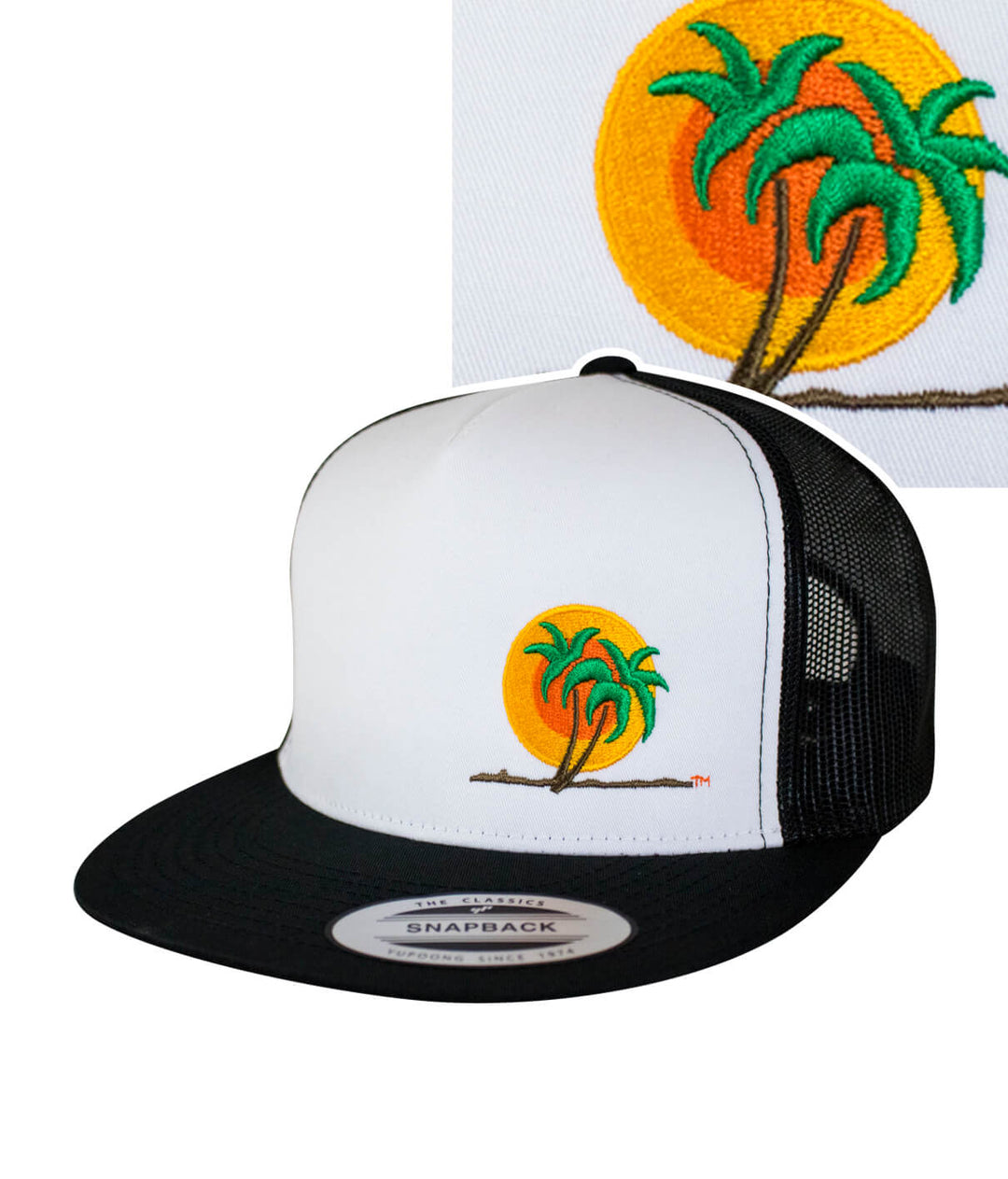 The Cledus - Palm trucker hat featuring a colorful palm tree design and classic snapback style.
