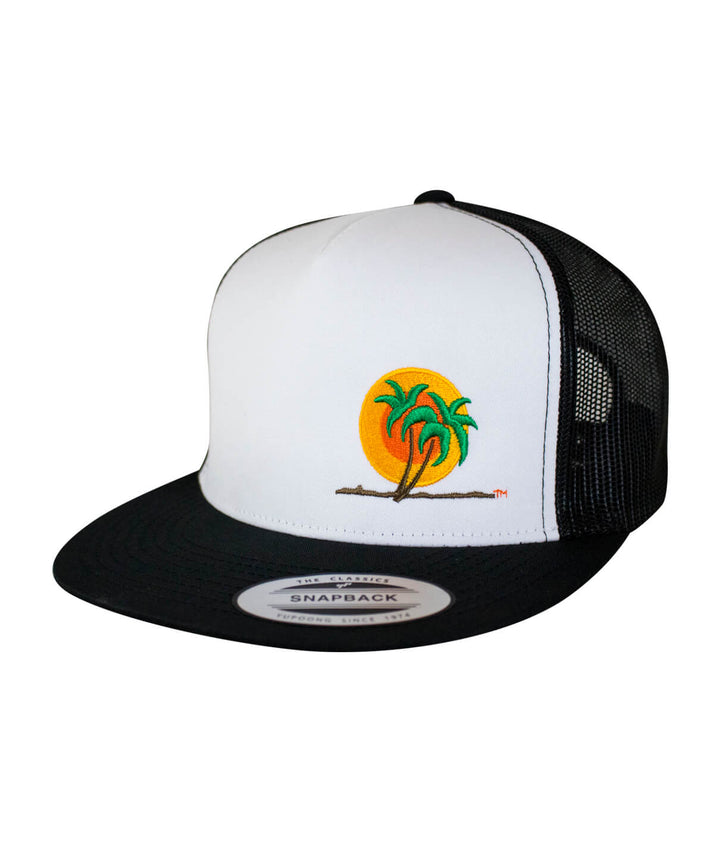 The Cledus - Palm hat featuring palm trees and sun design, black mesh, classic snapback style.