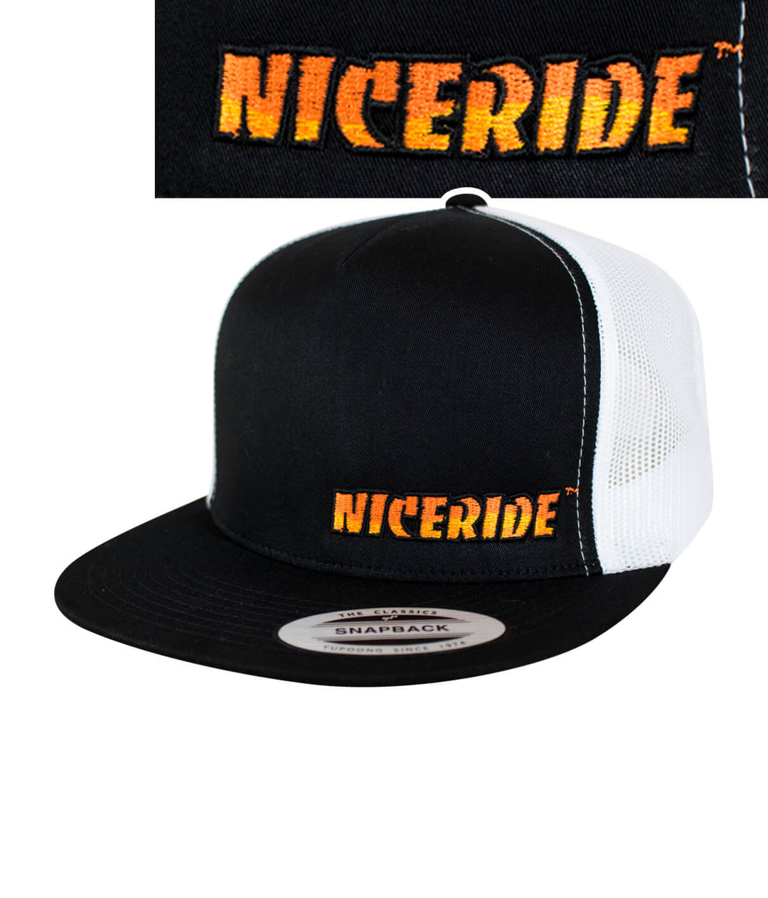 The Cledus - NICERIDE snapped trucker hat showing embroidered NICERIDE logo.