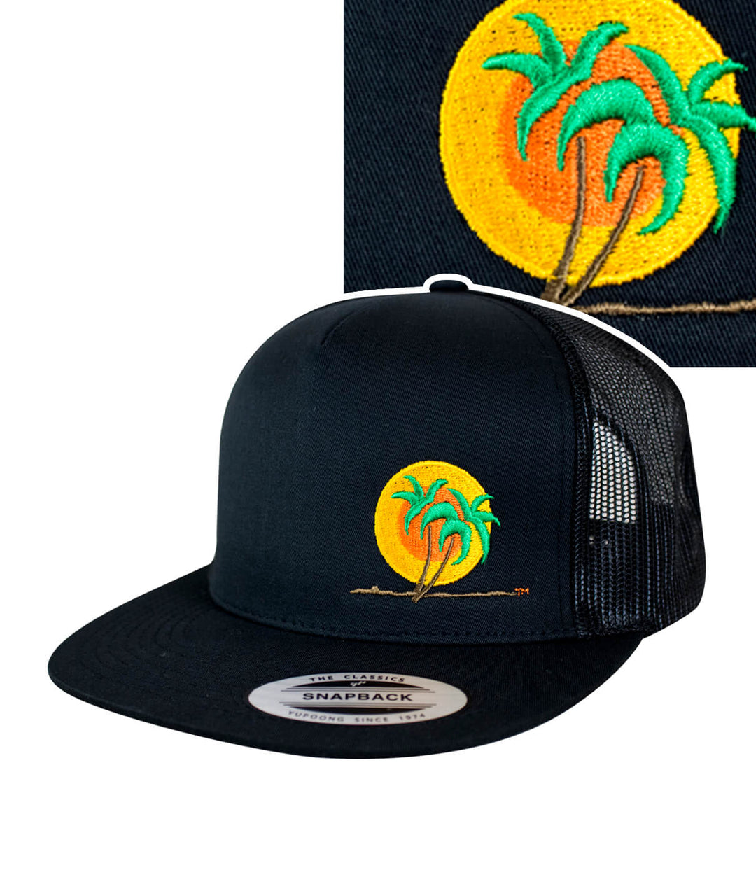 The Cledus - Palm trucker hat featuring NICERIDE's classic palm logo with vibrant colors on a black snapback cap.