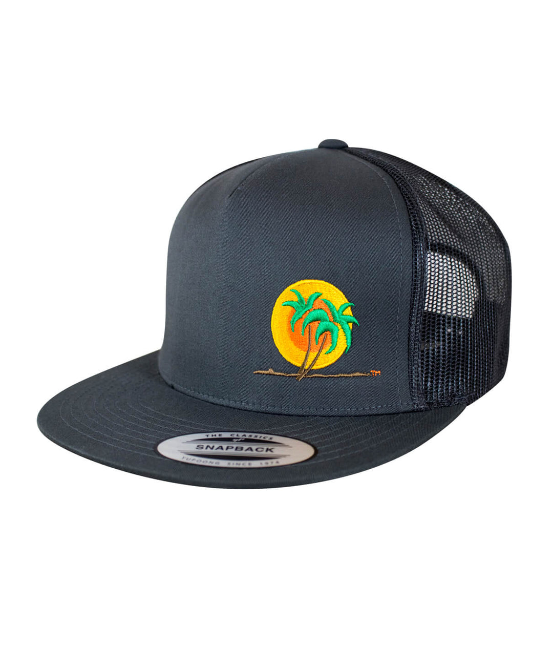 The Cledus - Palm hat featuring a vibrant palm logo on a classic snapback trucker design.