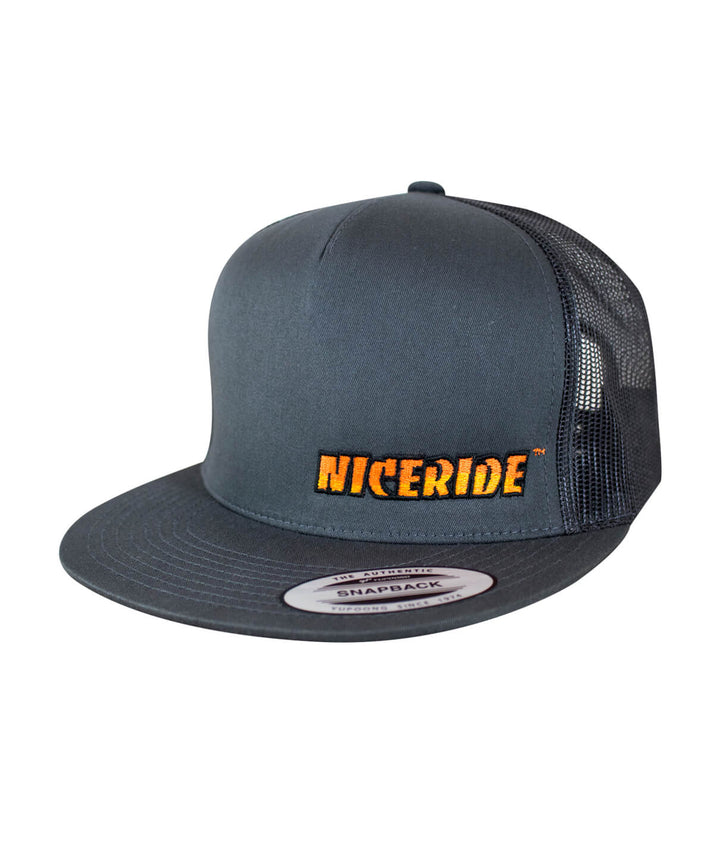 The Cledus - NICERIDE Trucker Hat in gray with NICERIDE logo, a stylish hat for casual wear.