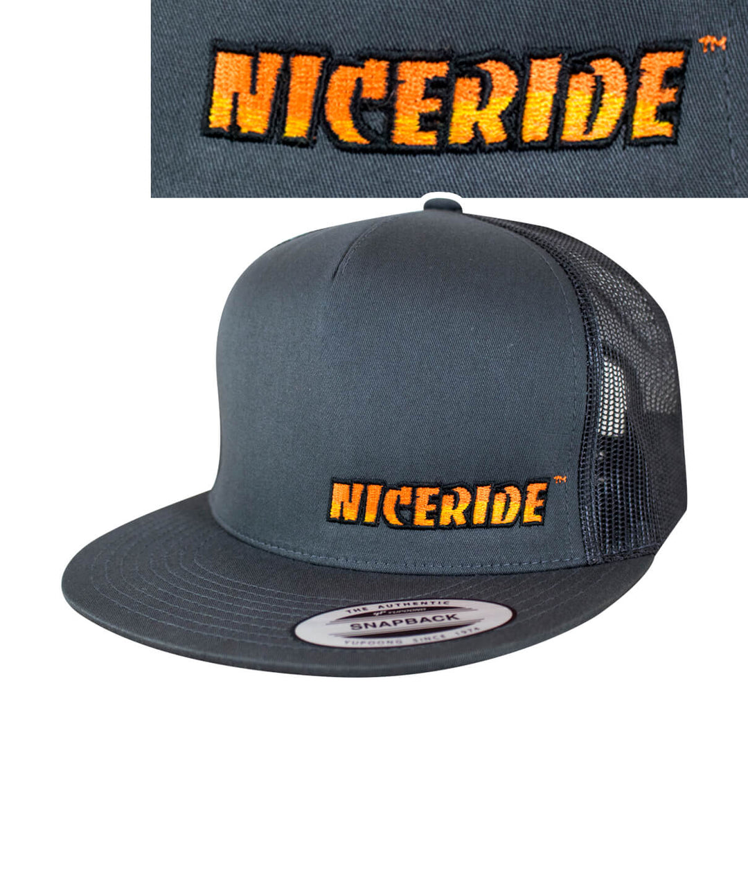 The Cledus - NICERIDE trucker hat in grey with embroidered NICERIDE logo on the front.