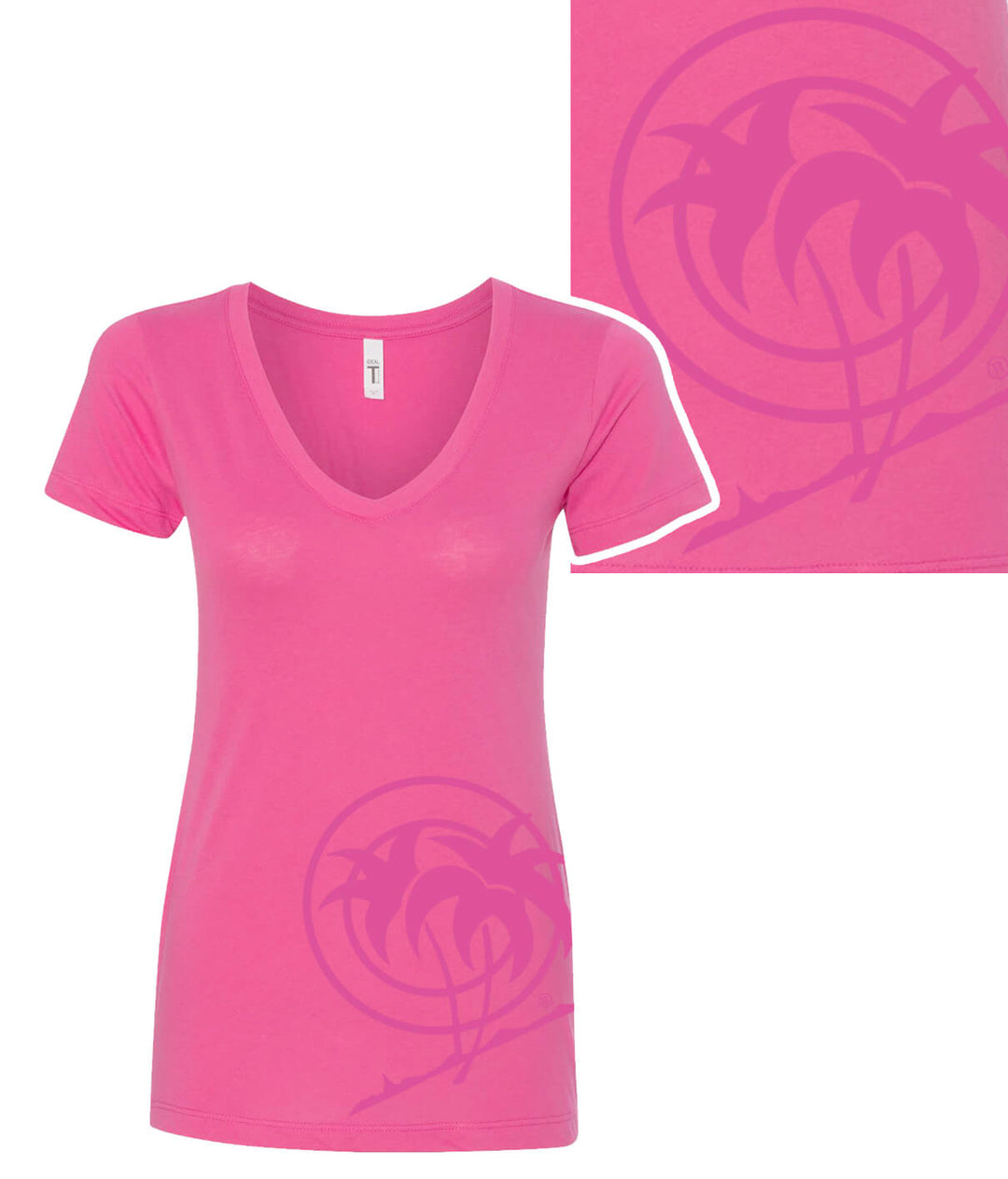 The Palm pink t-shirt featuring a v-neck and palm logo design on the front and back by NICERIDE.