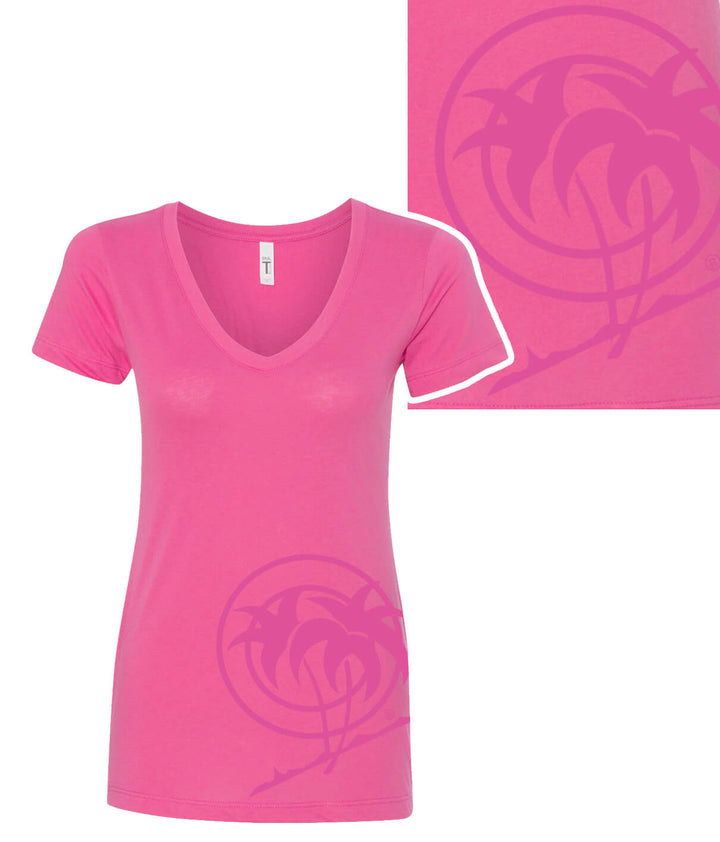 The Palm pink t-shirt featuring a v-neck and palm logo design on the front and back by NICERIDE.