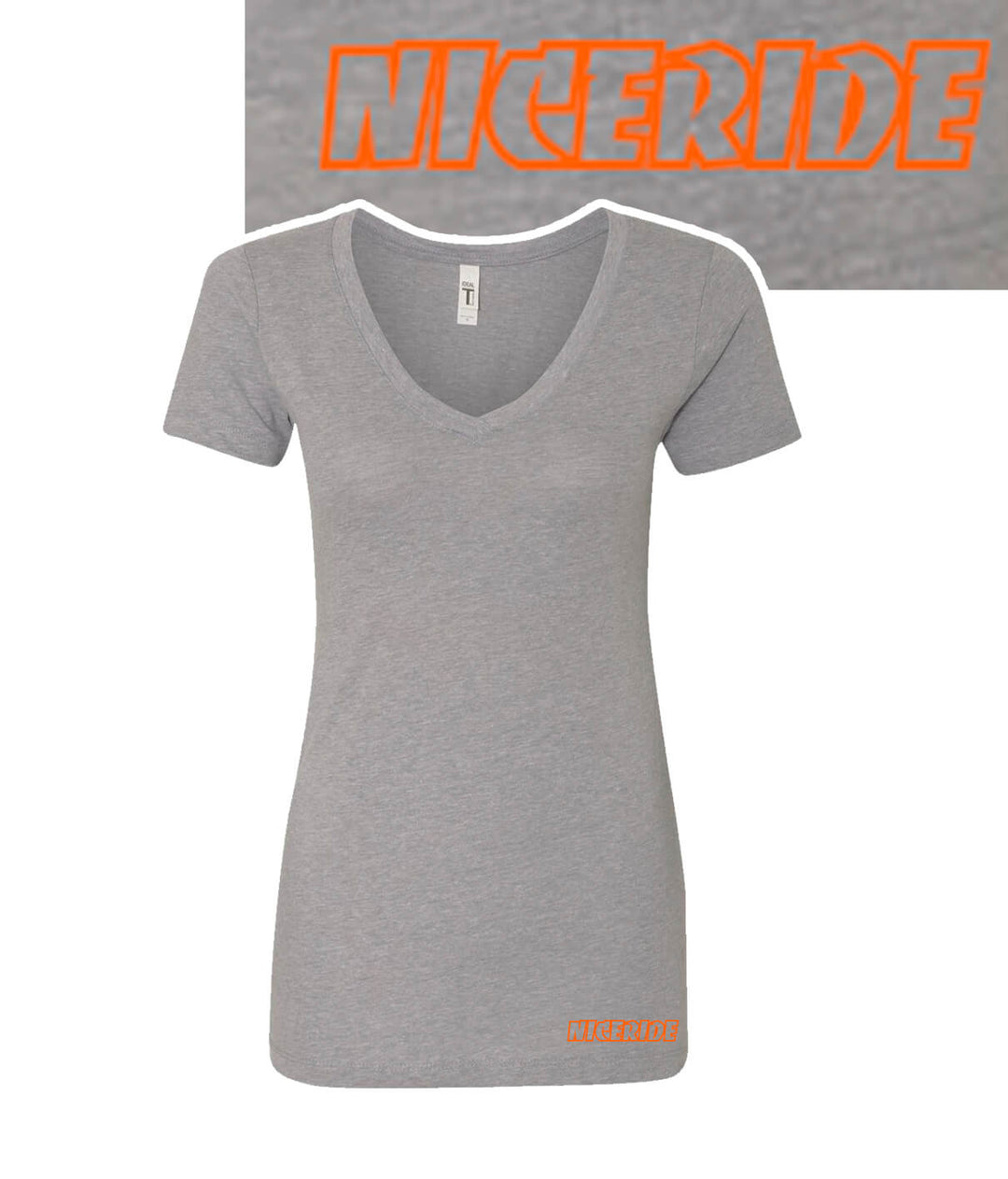The Valley Next Level Women's V-Neck Short Sleeve T-Shirt in gray with NICERIDE logo.