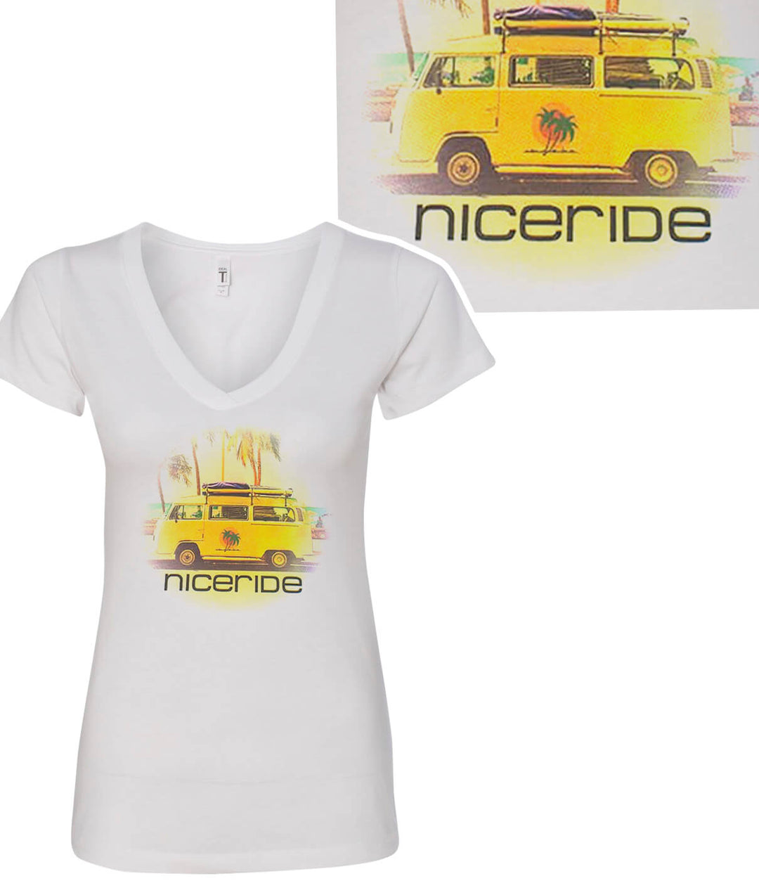 Baja - White Next Level Women's V-Neck Short Sleeve Shirt with NICERIDE design and Stenciled Palm Logo.