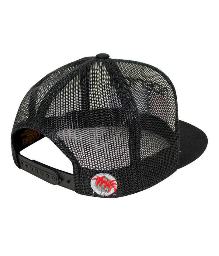 Back view of the Bones Trucker Hat showcasing the black mesh and palm logo on the side, a stylish hat for casual wear.
