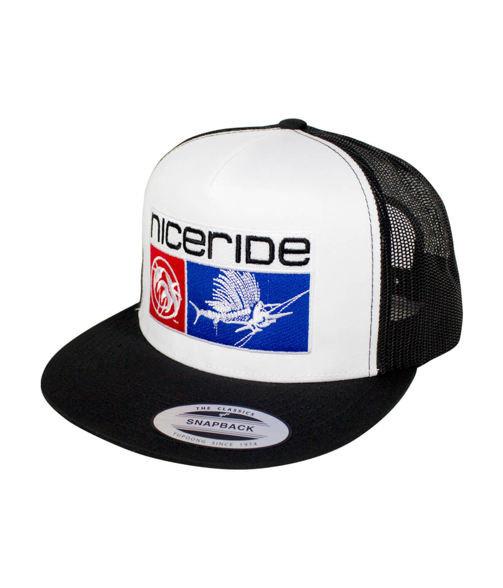 NICERIDE's snapback hat featuring embroidered designs in red and blue on a classic trucker cap style.