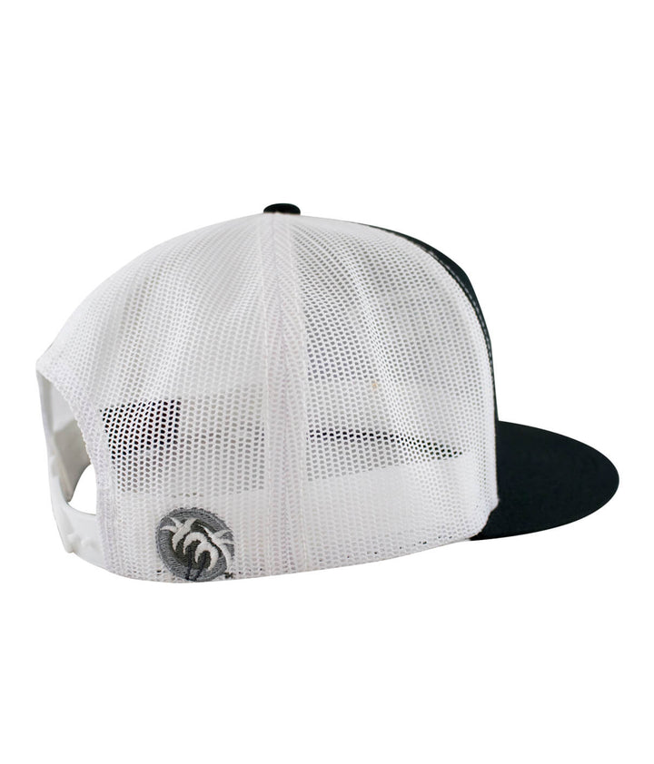 Back view of the Grinder Trucker Hat showcasing the mesh design and black palm logo, perfect hat for casual wear.