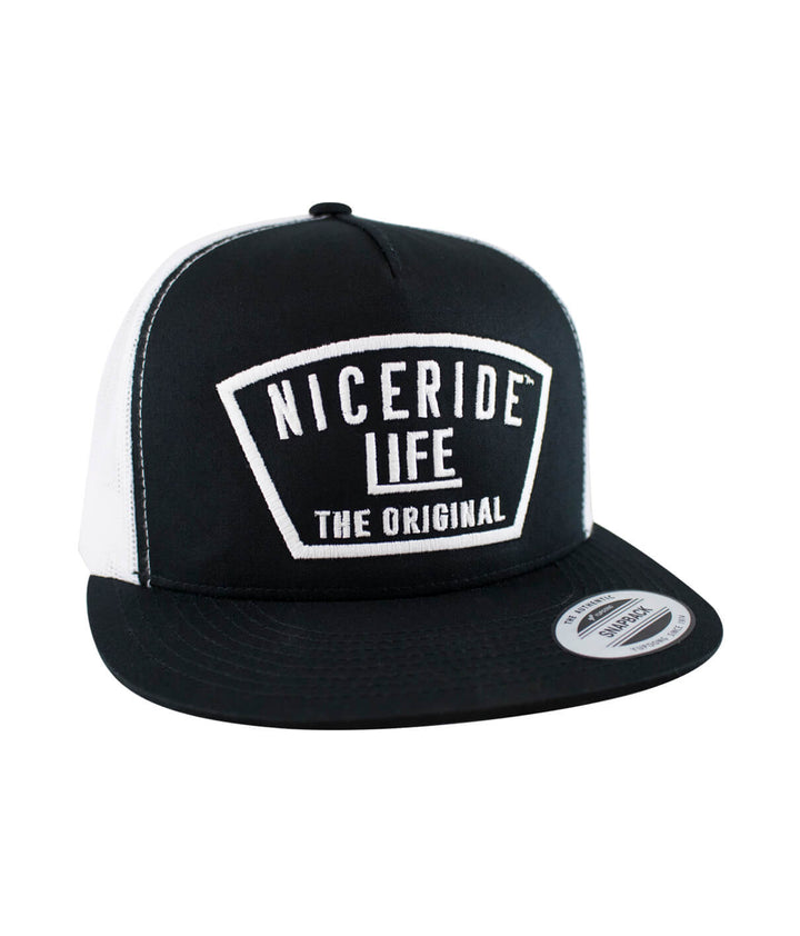 Niceride Life trucker hat with embroidered design, a stylish black and white cap, perfect for casual wear.