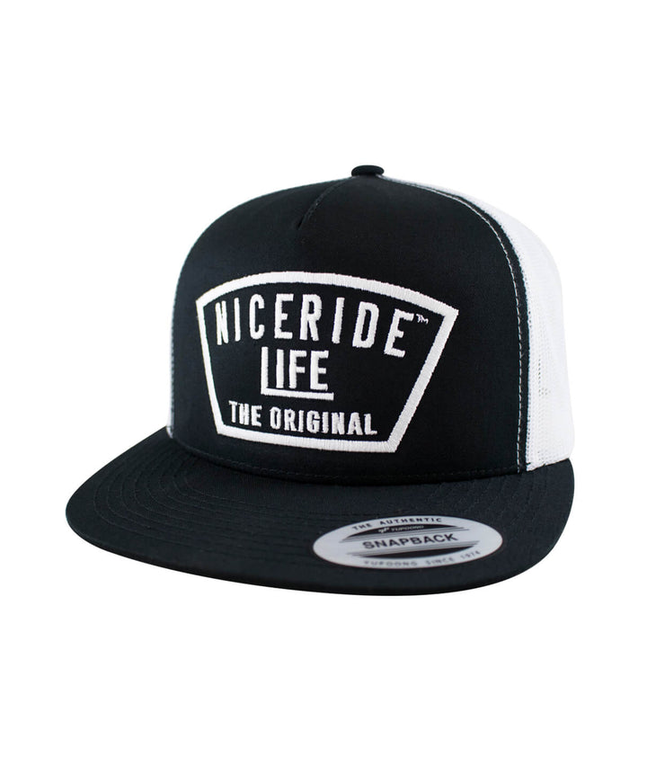 Grinder Trucker Hat by NICERIDE, classic snapback baseball cap with logo, stylish black and white design, made in the USA.