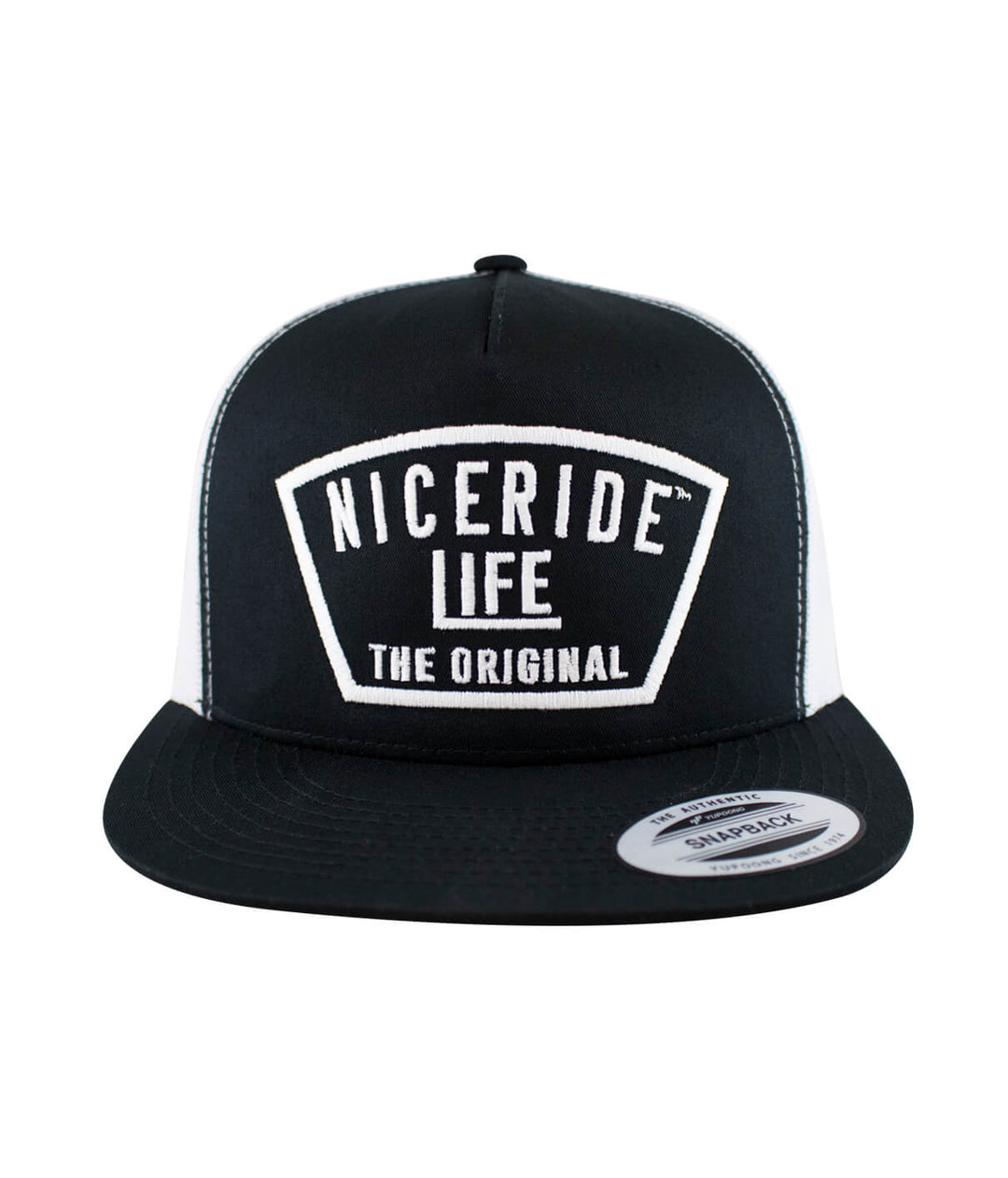 Black and white NICERIDE trucker hat with "Grinder" design and classic palm logo, perfect stylish hat for casual wear.