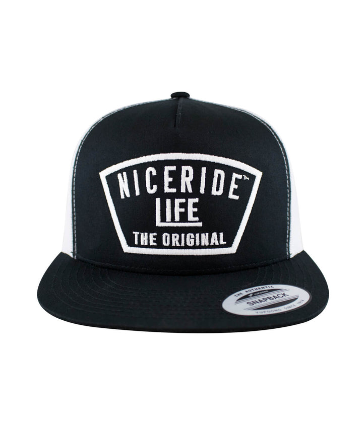 Black and white NICERIDE trucker hat with "Grinder" design and classic palm logo, perfect stylish hat for casual wear.