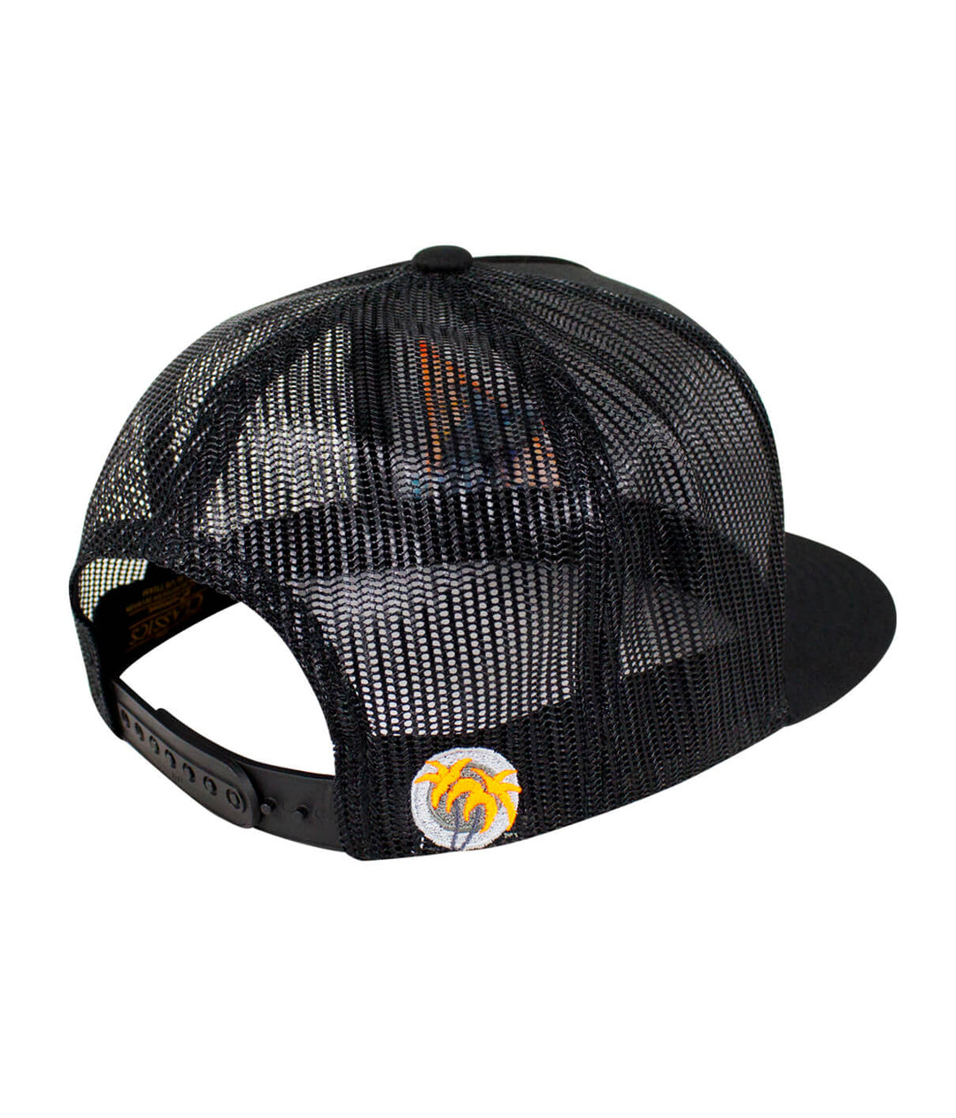 Back view of Fin, Set, Sail hat, a classic trucker hat featuring a black mesh design and palm logo.