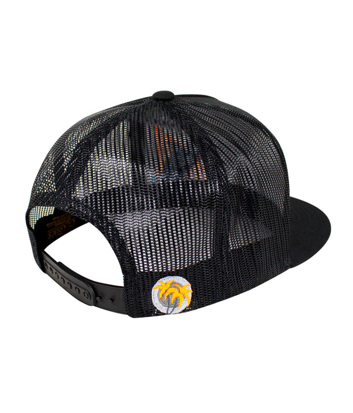 Back view of Fin, Set, Sail hat, a classic trucker hat featuring a black mesh design and palm logo.