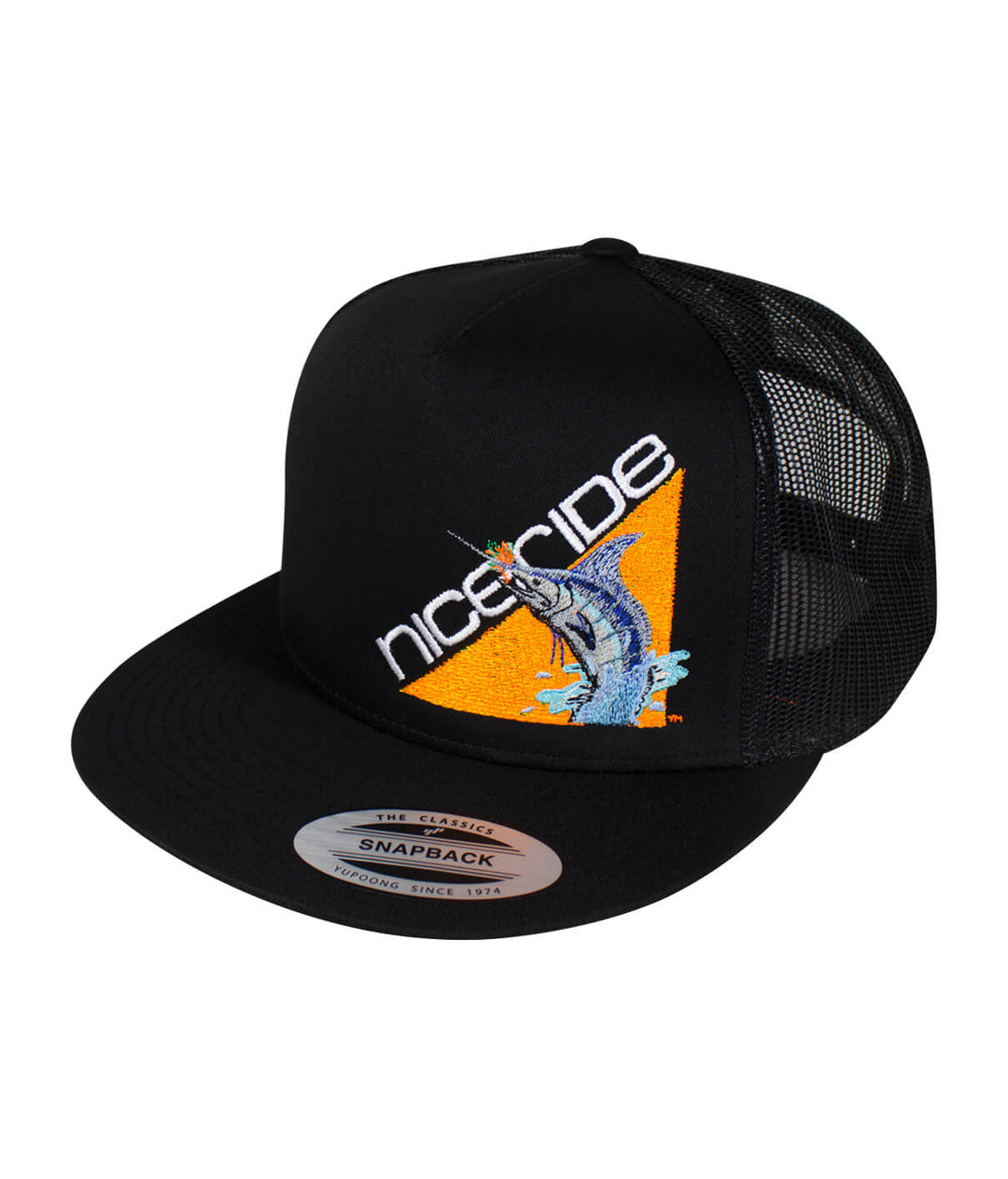Fin, Set, Sail Trucker Hat featuring NICERIDE logo and marlin design, black snapback hat.