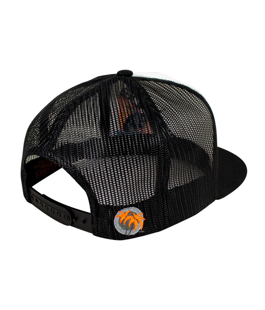 Back view of Fin, Set, Sail hat featuring black mesh and palm logo, a classic snapback design.