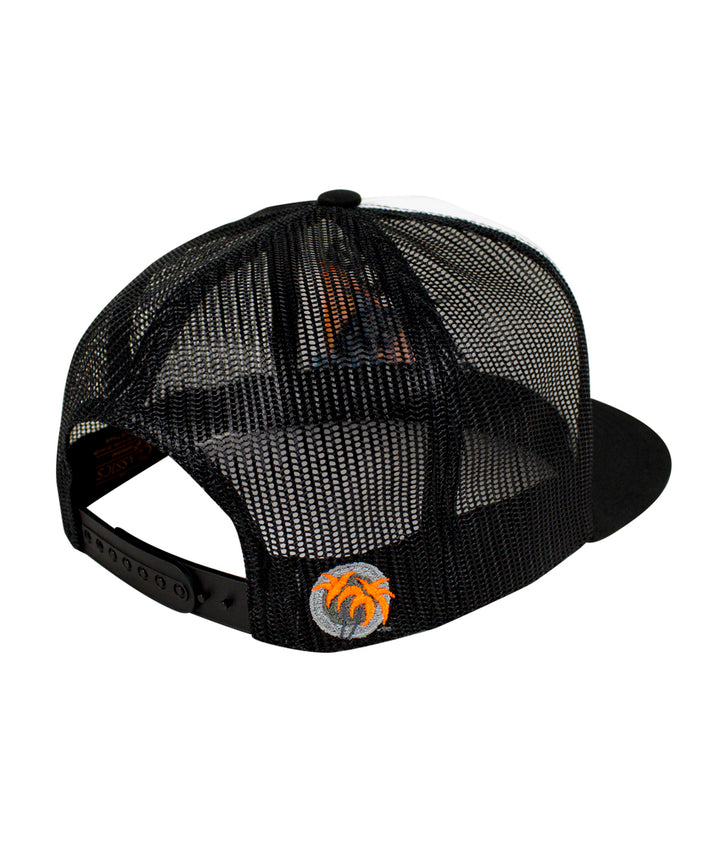 Back view of Fin, Set, Sail hat featuring black mesh and palm logo, a classic snapback design.
