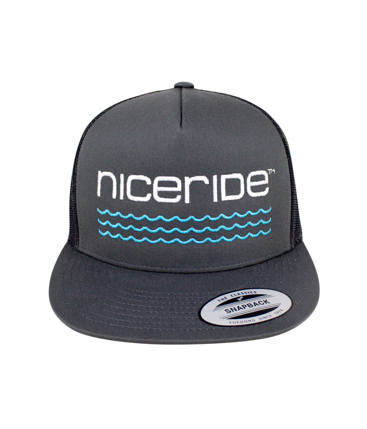 On The Water - Center Charcoal Trucker Hat by NICERIDE, featuring embroidered logo and design.
