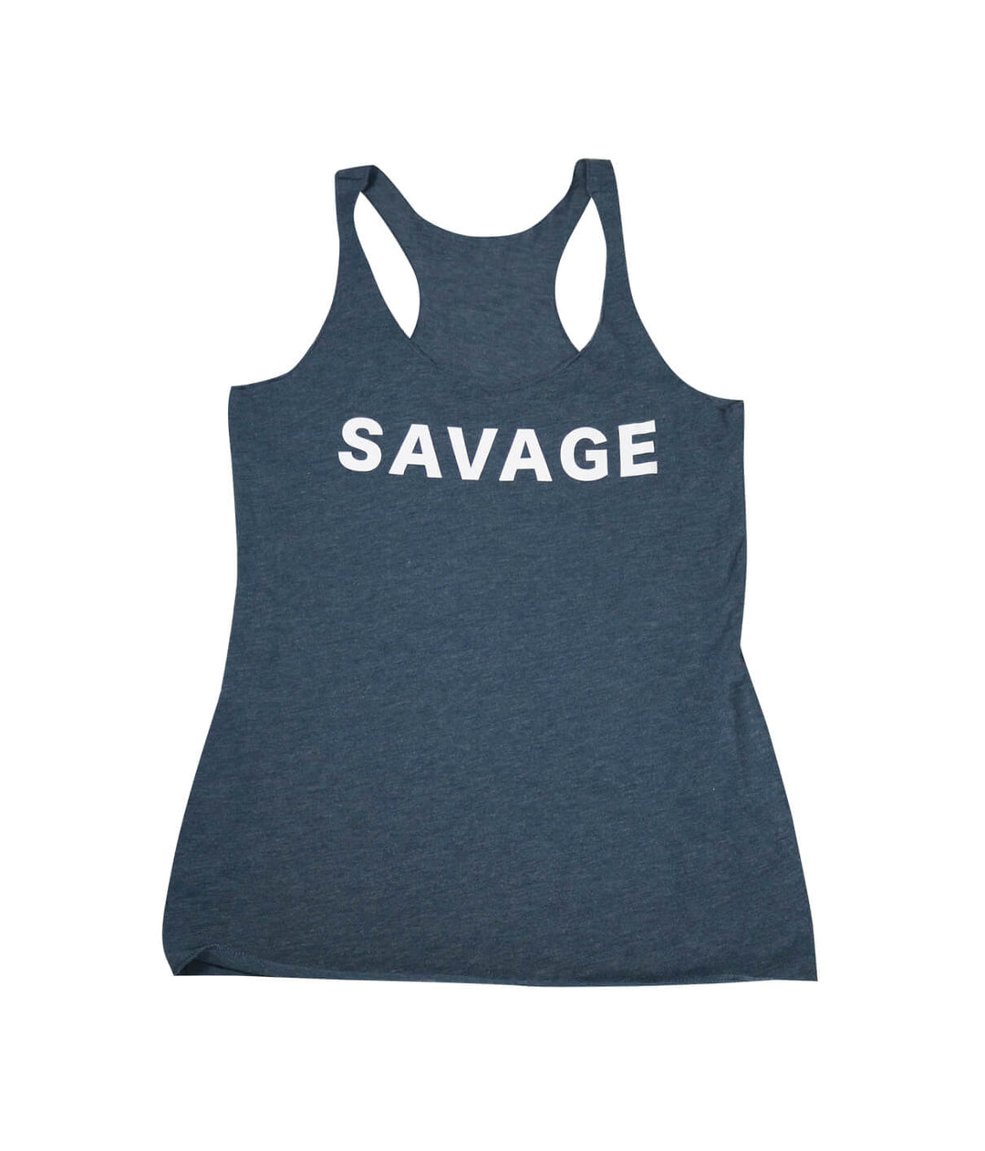 SAVAGE blue tank top featuring bold white text on a vintage racerback style.