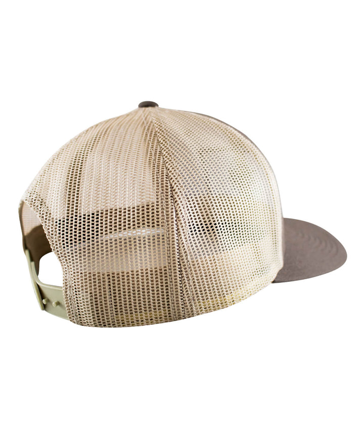 Classic Palm Patch Retro Trucker Hat, back view showing mesh design and adjustable strap.