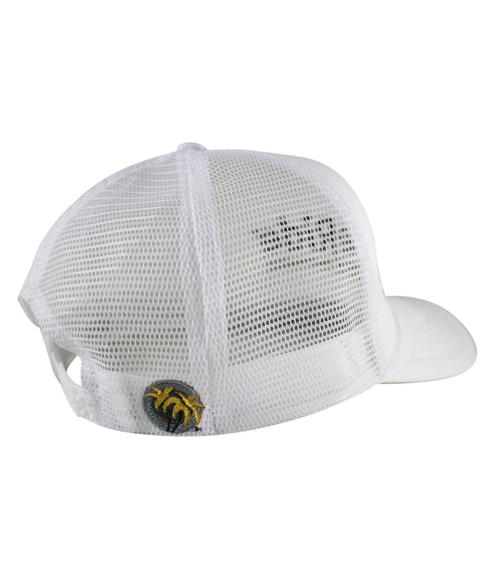 Back view of the Low Tide Foam Trucker Baseball Hat showcasing the classic palm embroidery and mesh design.