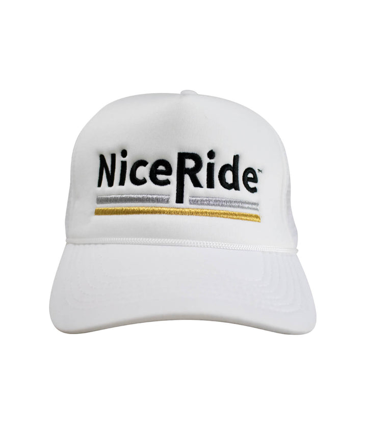 White foam trucker hat with NiceRide logo embroidered on the front, perfect stylish hat for outdoor activities.