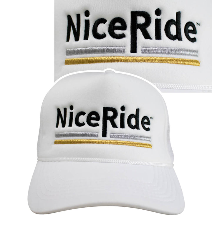 Low Tide foam trucker baseball hat with NiceRide logo, embroidered design, stylish and comfortable hat for outdoor wear.
