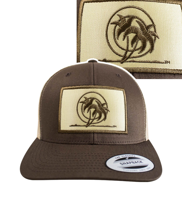 Classic Palm Patch Retro Trucker Hat with embroidered stenciled palm design, perfect for outdoor fashion.