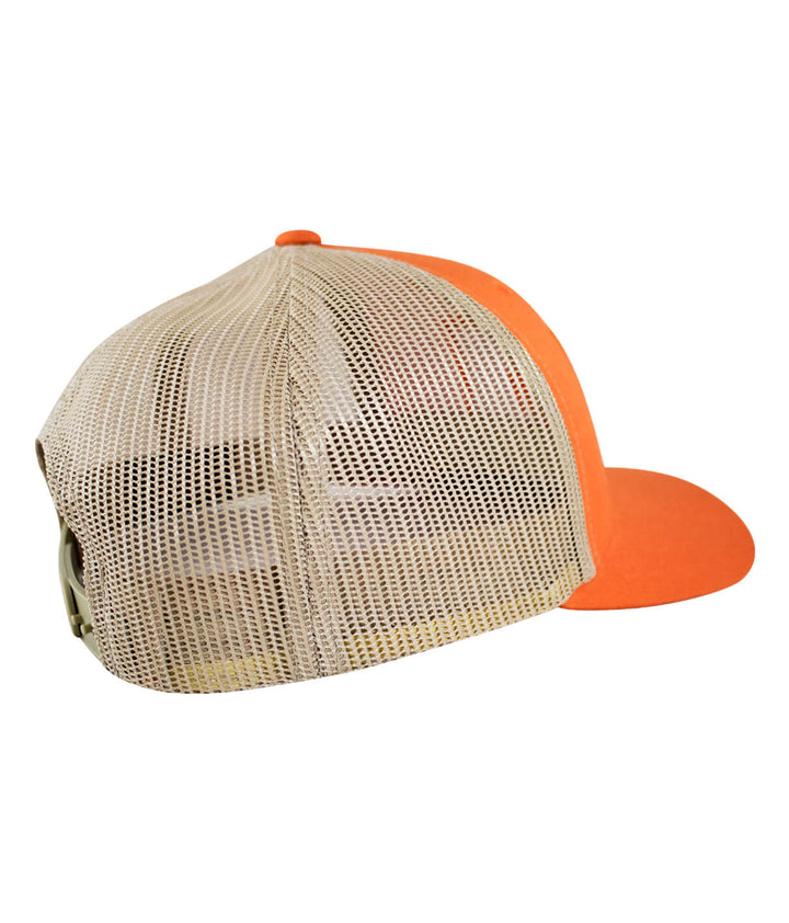 Back view of Classic Palm Patch Retro Trucker Hat with mesh and orange details, showcasing the hat&