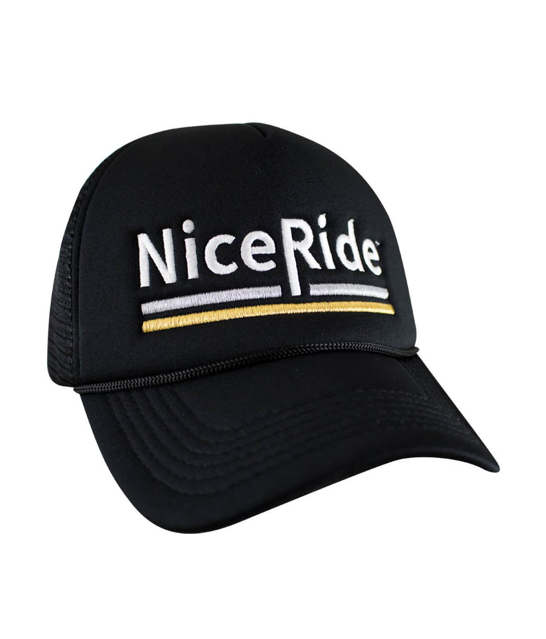 Low Tide Foam Trucker Hat featuring embroidered NiceRide logo on black cap.