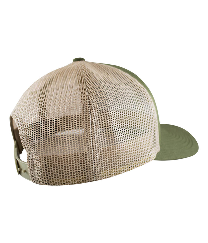 Back view of the Classic Palm Patch Retro Trucker Hat showing mesh design and adjustable strap.