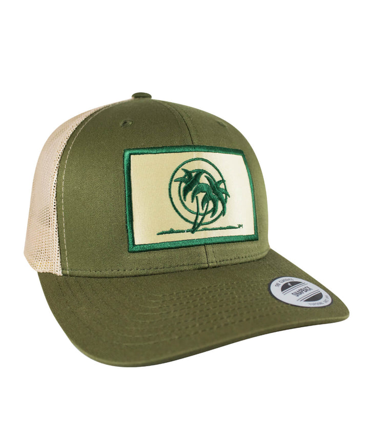 Classic Palm Patch Retro Trucker Hat, a stylish hat with embroidered palm design, perfect for casual wear.