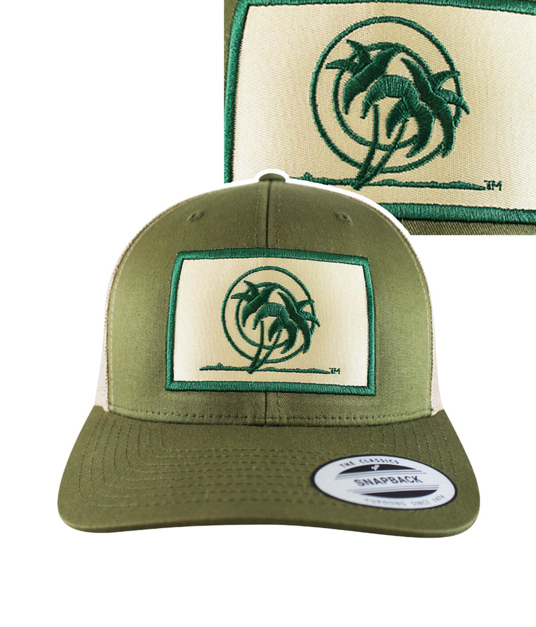Classic Palm Patch hat featuring embroidered palm design on the front, olive green retro trucker style cap.