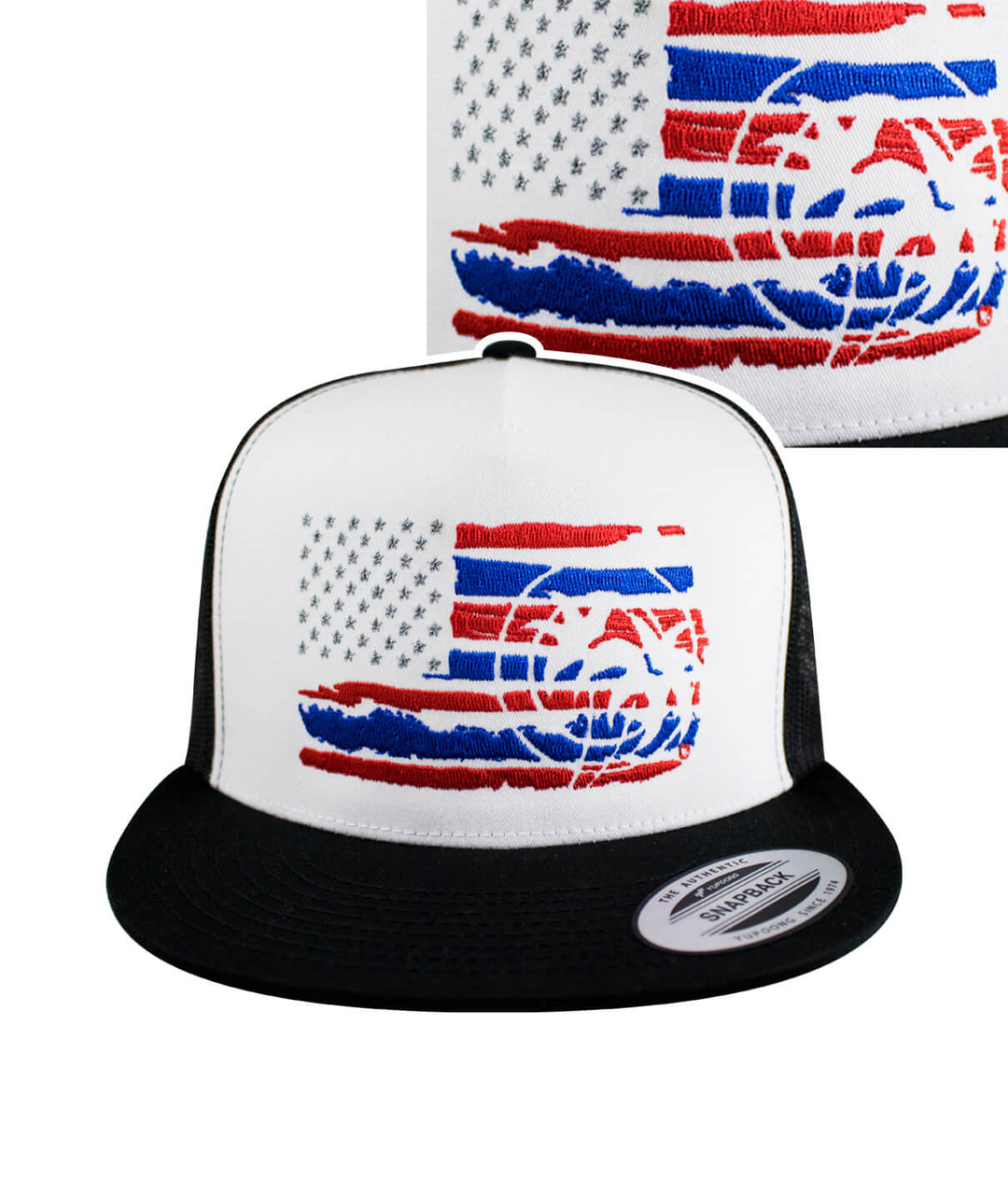 Strong Faded Trucker Hat featuring red, white, and blue embroidered flag design and Pill Logo.