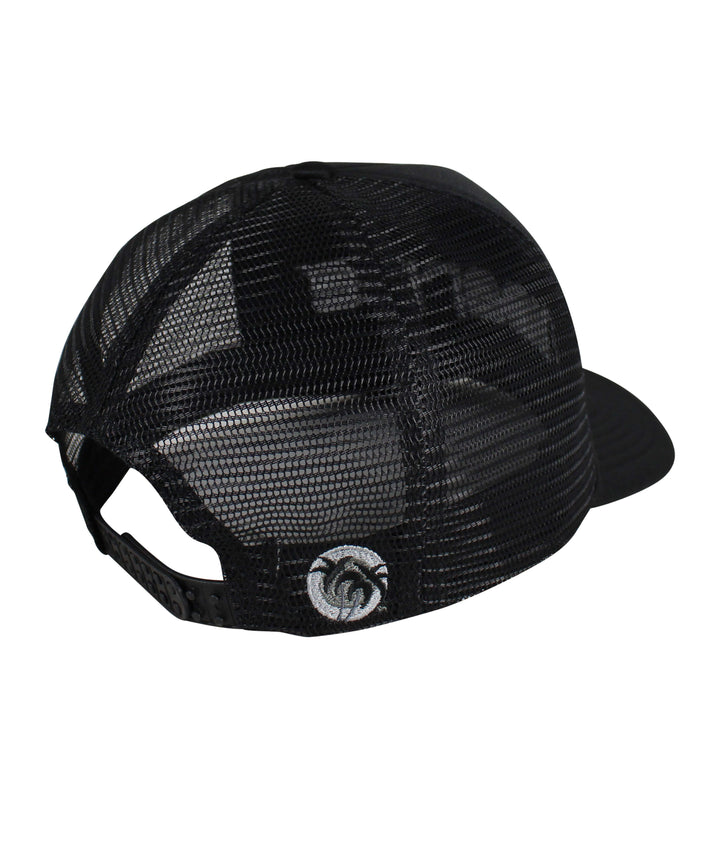 Back view of the Bold Tower black foam trucker hat showcasing the black mesh and palm logo.